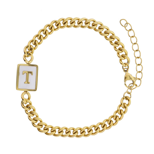 Gold Rectangle with Shell Inlay and Gold "T" Initial Center Bracelet