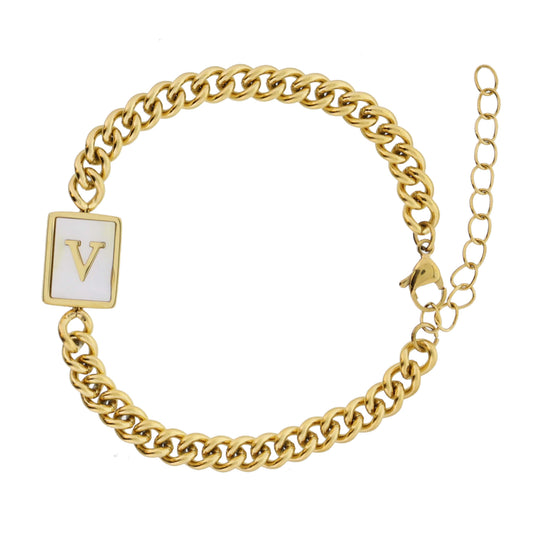 Gold Rectangle with Shell Inlay and Gold "V" Initial Center Bracelet