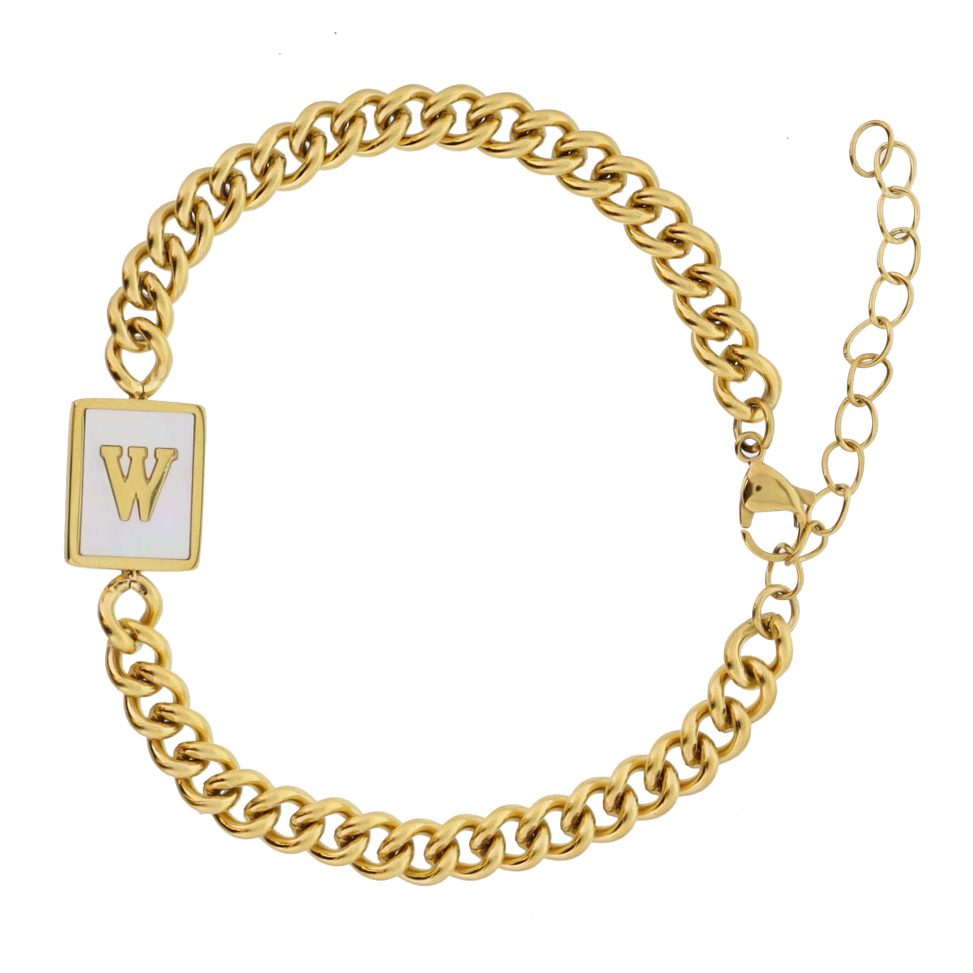 Gold Rectangle with Shell Inlay and Gold "W" Initial Center Bracelet