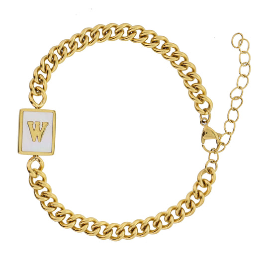 Gold Rectangle with Shell Inlay and Gold "W" Initial Center Bracelet