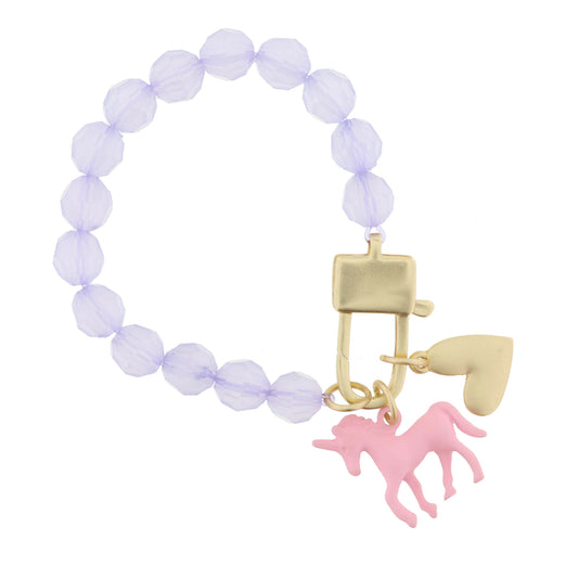 Kids Lavender Beaded with Lobster Claw, Pink Dipped Unicorn, Gold Heart Bracelet, .75", .5" Pendants