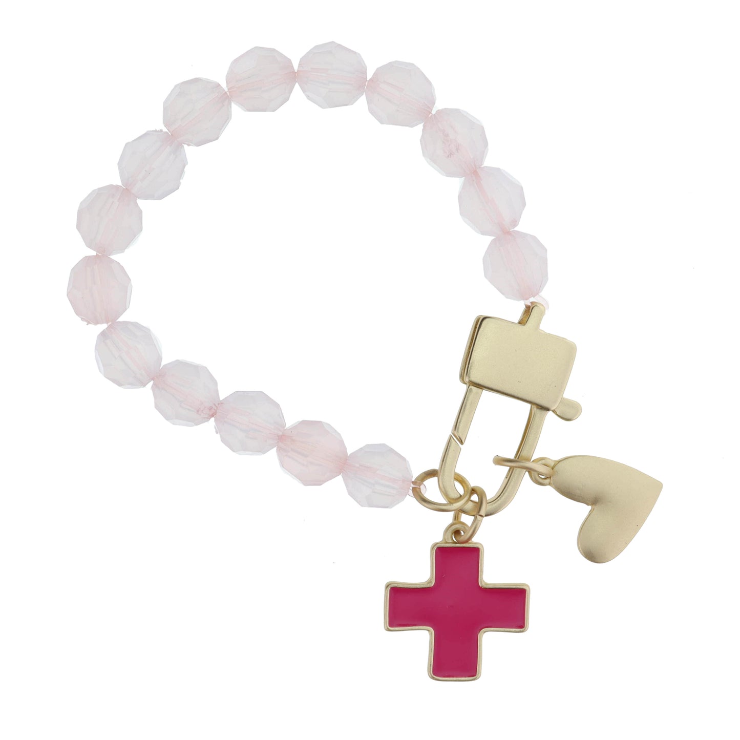 Kids Pink Beaded with Lobster Claw, Fuchsia Enamel Square Cross, Heart Bracelet, .65", .5" Pendants