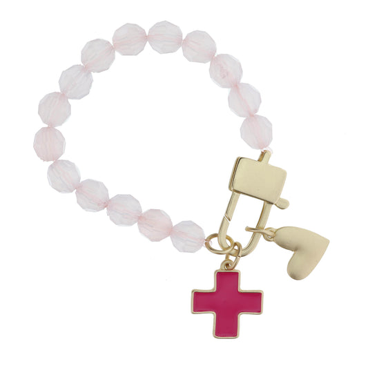 Kids Pink Beaded with Lobster Claw, Fuchsia Enamel Square Cross, Heart Bracelet, .65", .5" Pendants