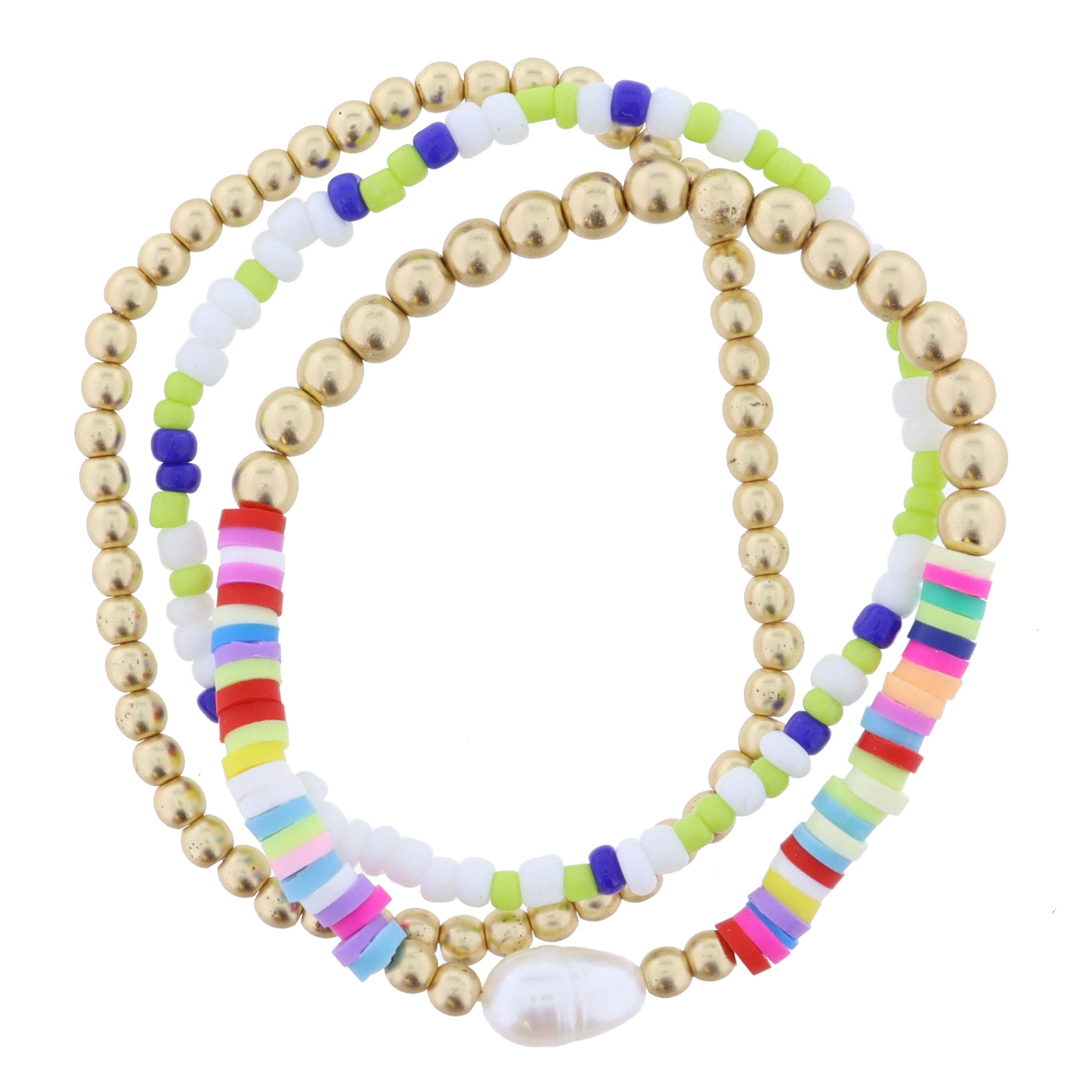 Kids Set of 3, Gold Ball, Multi Seed Bead, Gold Ball, Rainbow Sequin, & Pearl Bracelet, .25" Pendant