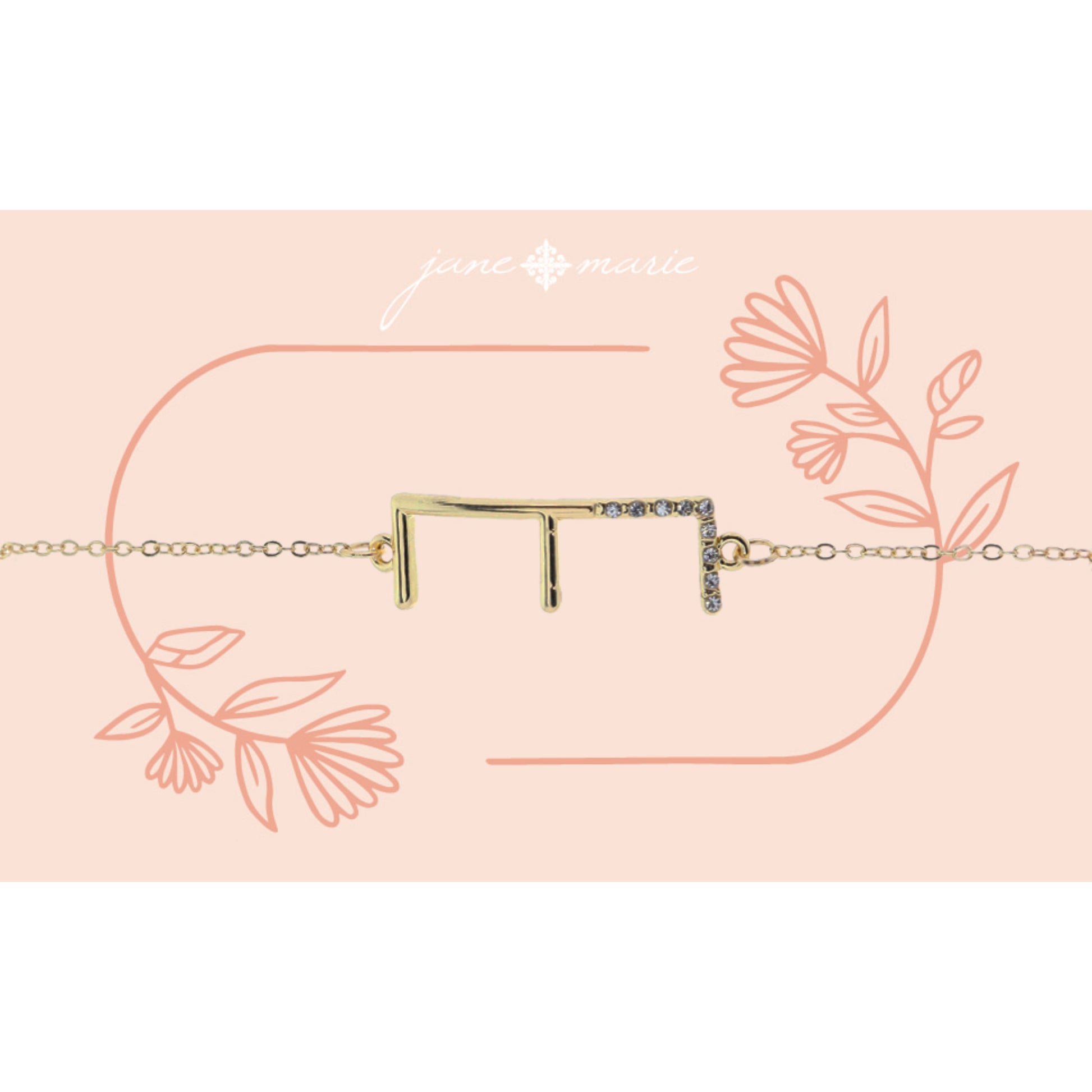 Shiny Gold Skinny Sideways "E" Initial with Clear Crystal Embellishments Bracelet