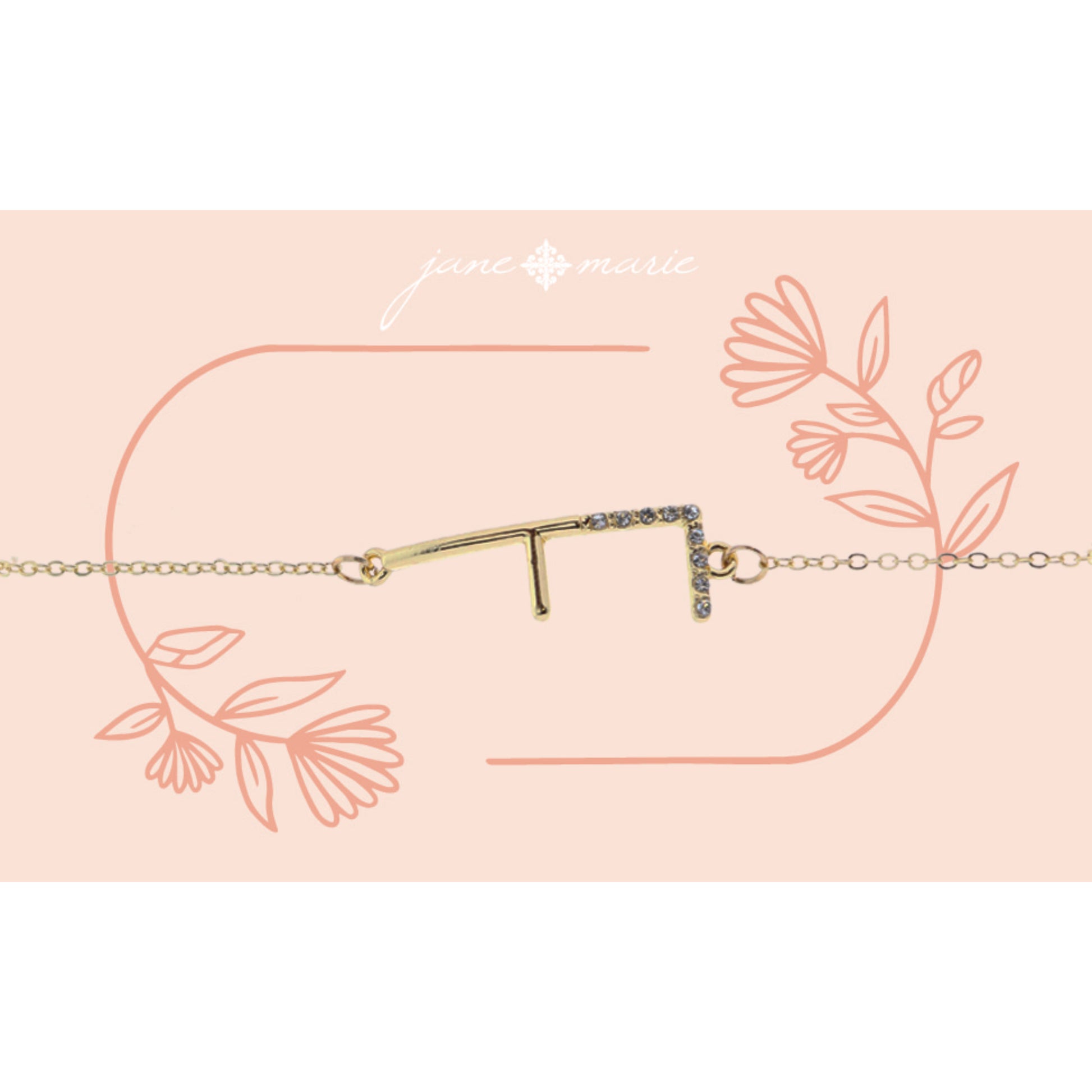 Shiny Gold Skinny Sideways "F" Initial with Clear Crystal Embellishments Bracelet
