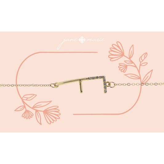 Shiny Gold Skinny Sideways "F" Initial with Clear Crystal Embellishments Bracelet
