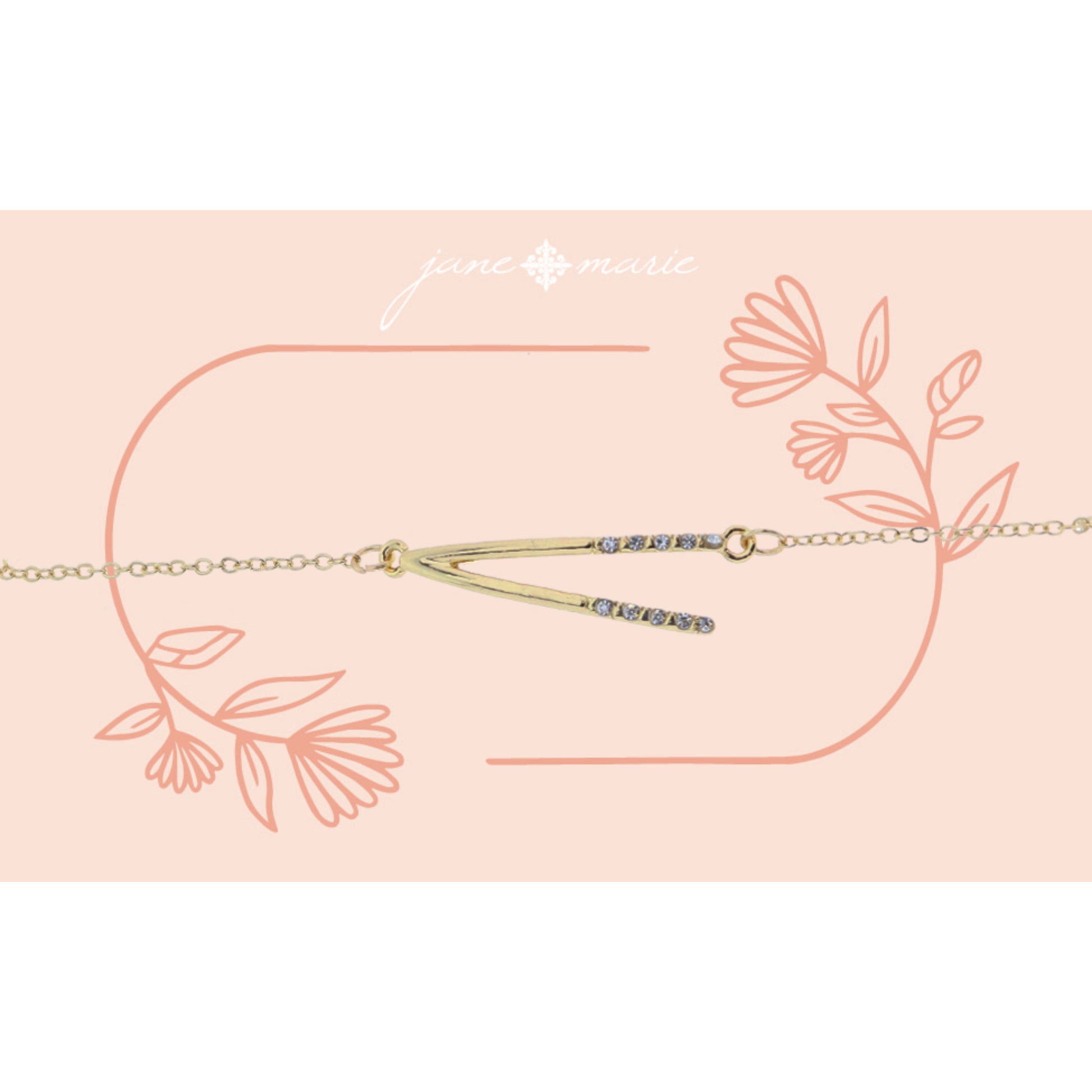 Shiny Gold Skinny Sideways "V" Initial with Clear Crystal Embellishments Bracelet