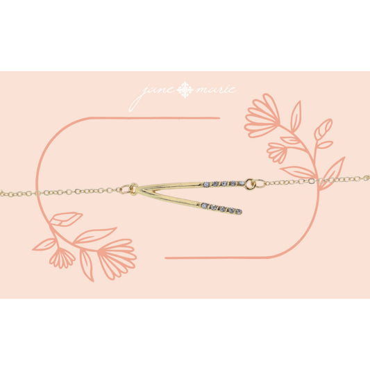 Shiny Gold Skinny Sideways "V" Initial with Clear Crystal Embellishments Bracelet