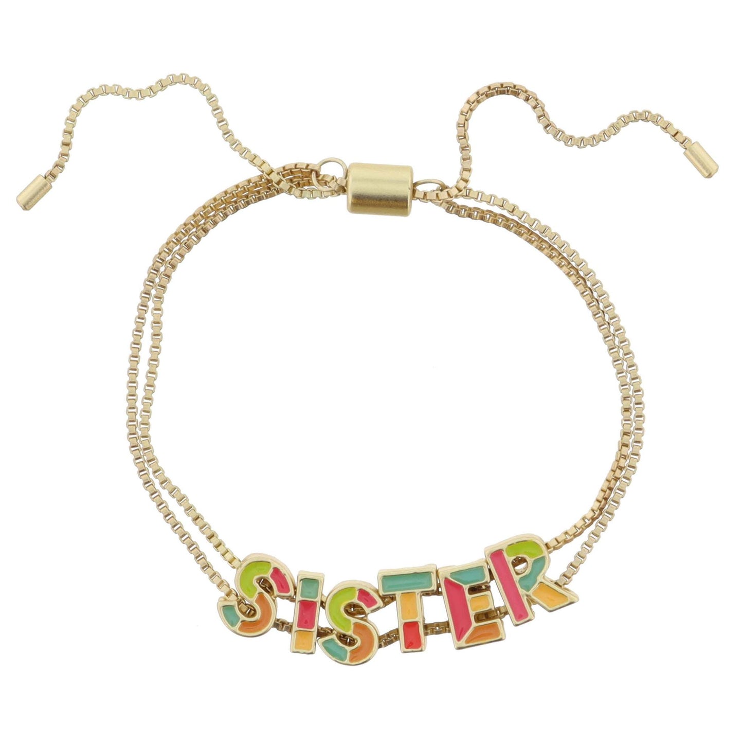 Kids Multi Enamel Colorblock "SISTER" on Double Gold Box Chain Bracelet