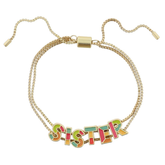 Kids Multi Enamel Colorblock "SISTER" on Double Gold Box Chain Bracelet