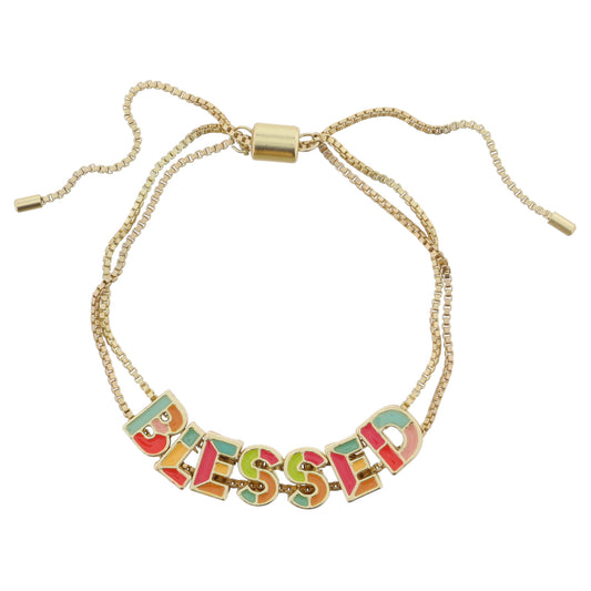 Kids Multi Enamel Colorblock "BLESSED" on Double Gold Box Chain Bracelet