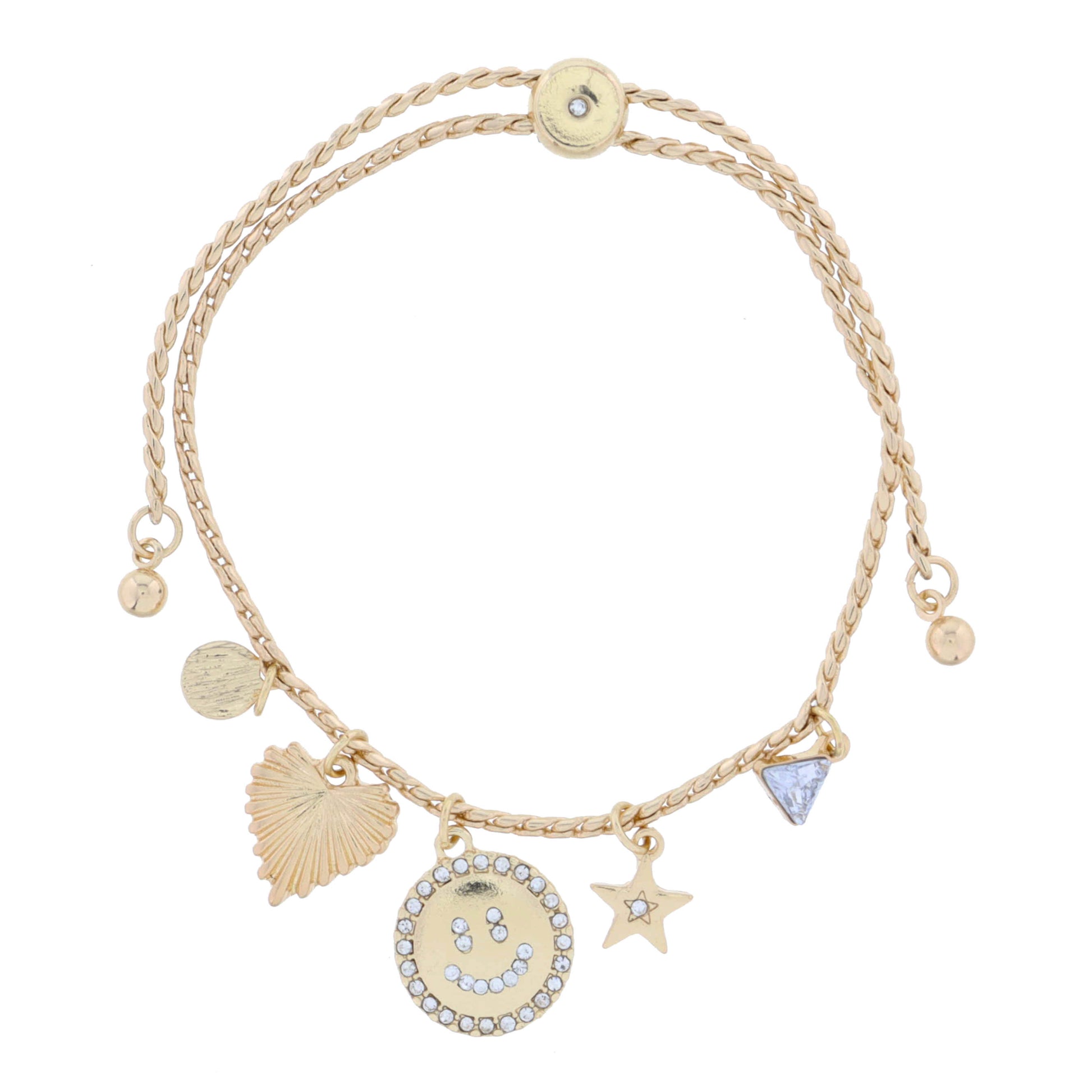 Crystal Lined Happy Face and Coordinating Gold Charms Bracelet