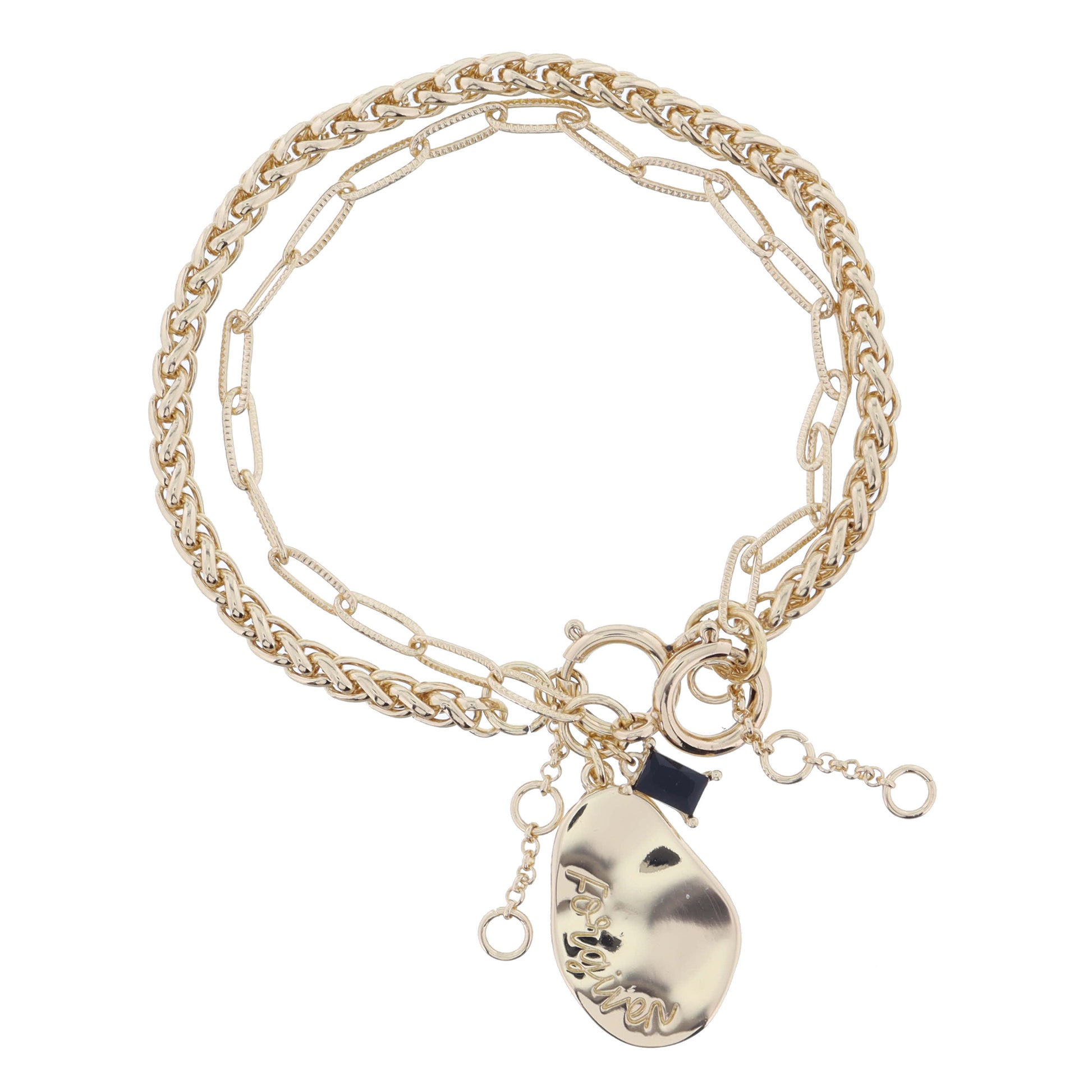 Set of 2, Gold Palma, Gold Wavy Oval "Forgiven" and Jet Crystal on Chain Bracelet,.85",.25" Pendant