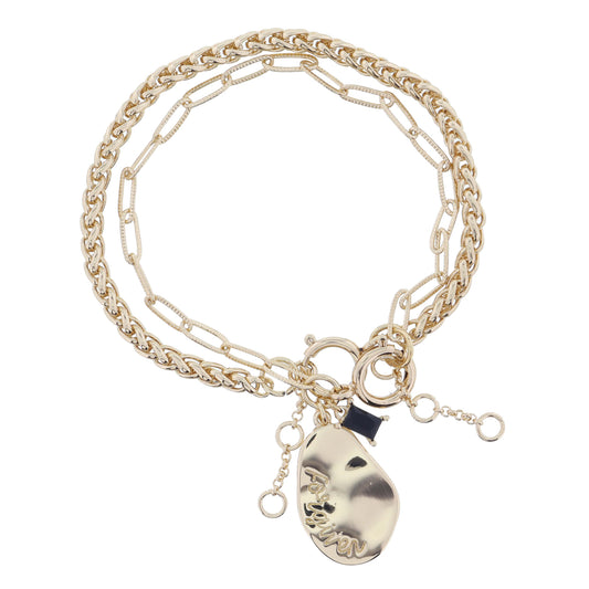 Set of 2, Gold Palma, Gold Wavy Oval "Forgiven" and Jet Crystal on Chain Bracelet,.85",.25" Pendant