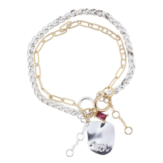 Set of 2, Silver Palma, Wavy Shape "Faith" and Rose Crystal on Chain Bracelet, .85", .25" Pendants