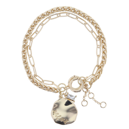 Set of 2, Gold Palma, Gold Disc "Wifey" and Baguette Crystal on Chain Bracelet, .75", .25" Pendants