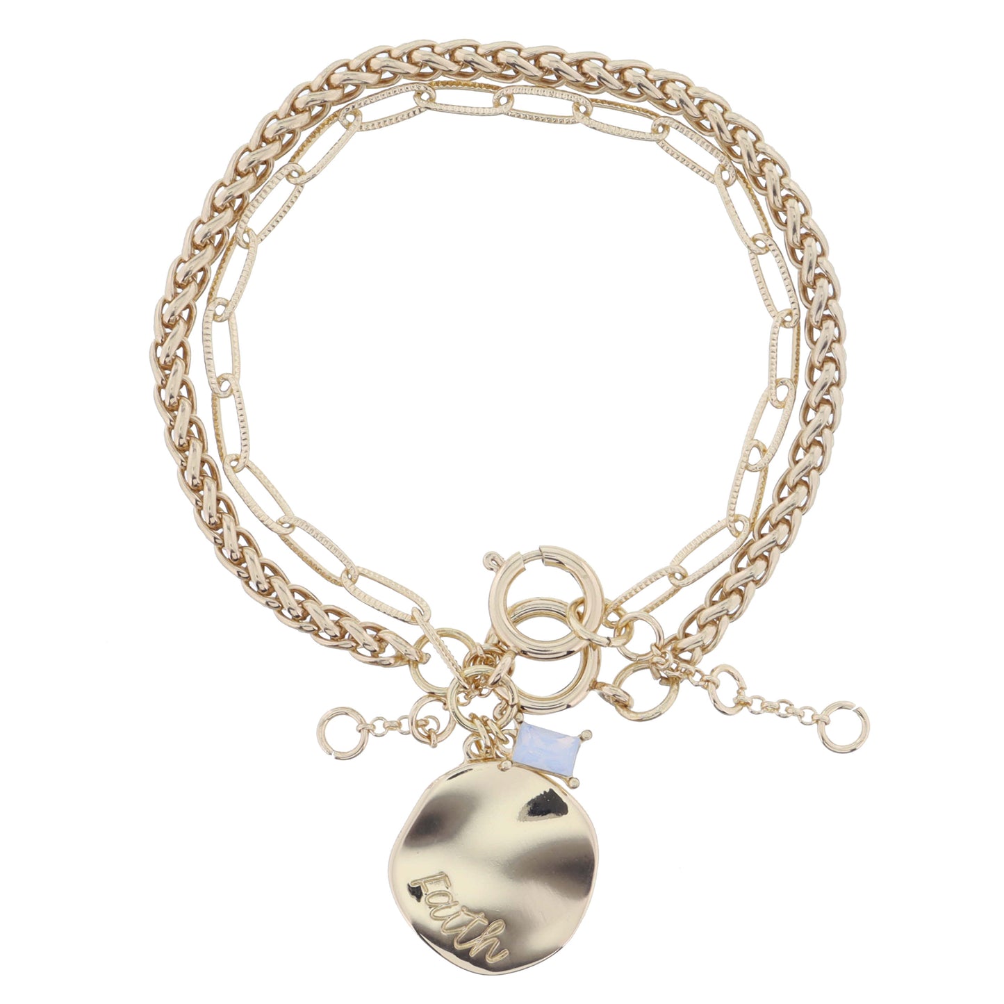 Set of 2, Gold Palma, Gold Disc "Faith" and Moonstone Crystal on Chain Bracelet, .75", .25" Pendants