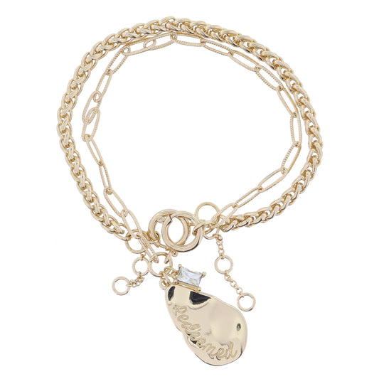 Set of 2, Gold Palma, Gold Teardrop "Redeemed" and Crystal on Chain Bracelet, 1", .25" Pendants