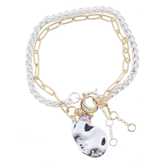 Set of 2, Silver Palma, Silver Oval "John 3:16" & Pink Crystal on Chain Bracelet, .85",.25" Pendants