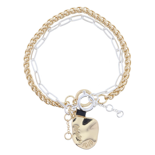 Set of 2, Gold Palma, Shape "Psalm 46:10" and Jet Crystal on Silver Chain Bracelet,.85",.25" Pendant