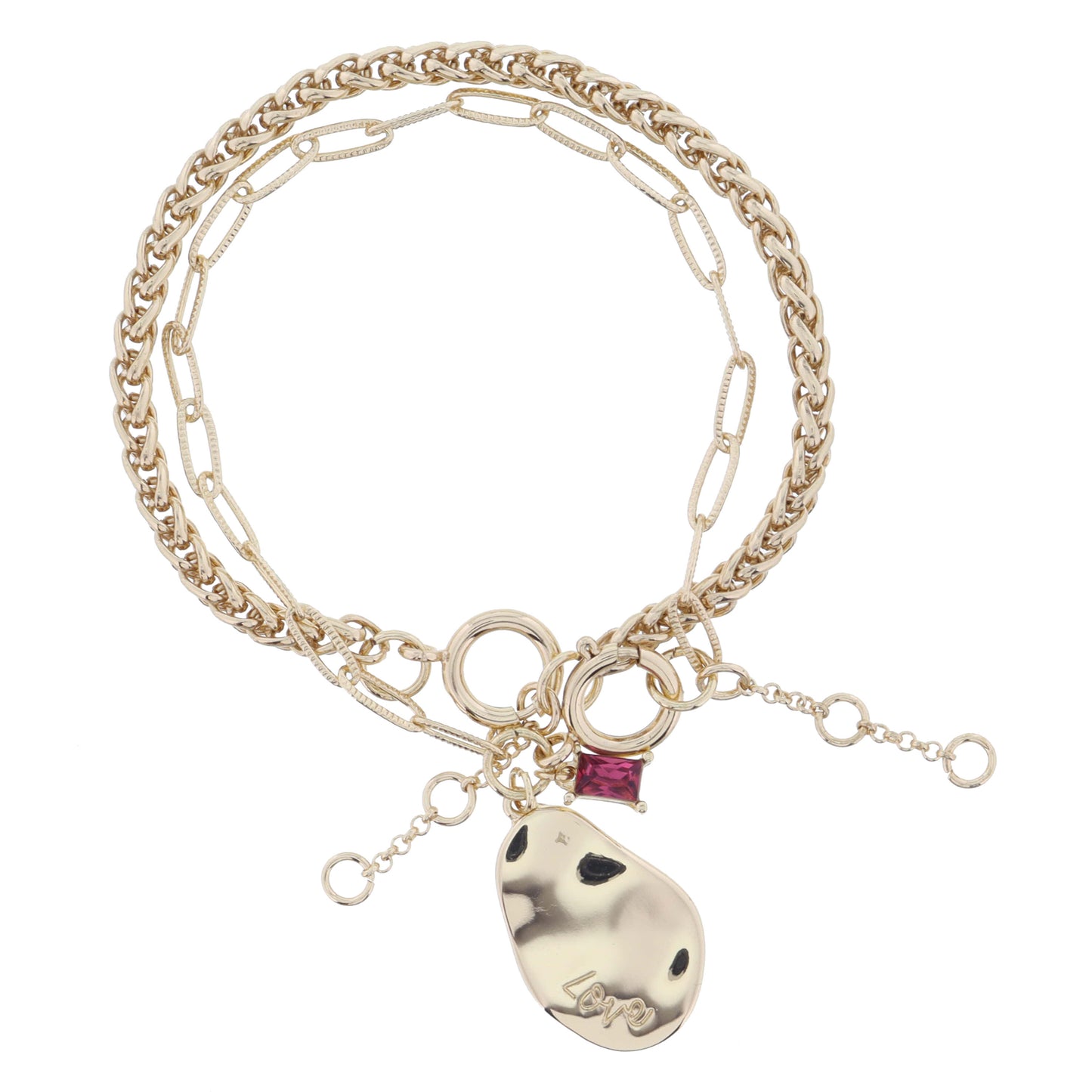 Set of 2, Gold Palma, Organic Oval "Love" and Rose Crystal on Chain Bracelet, .85", .25" Pendants