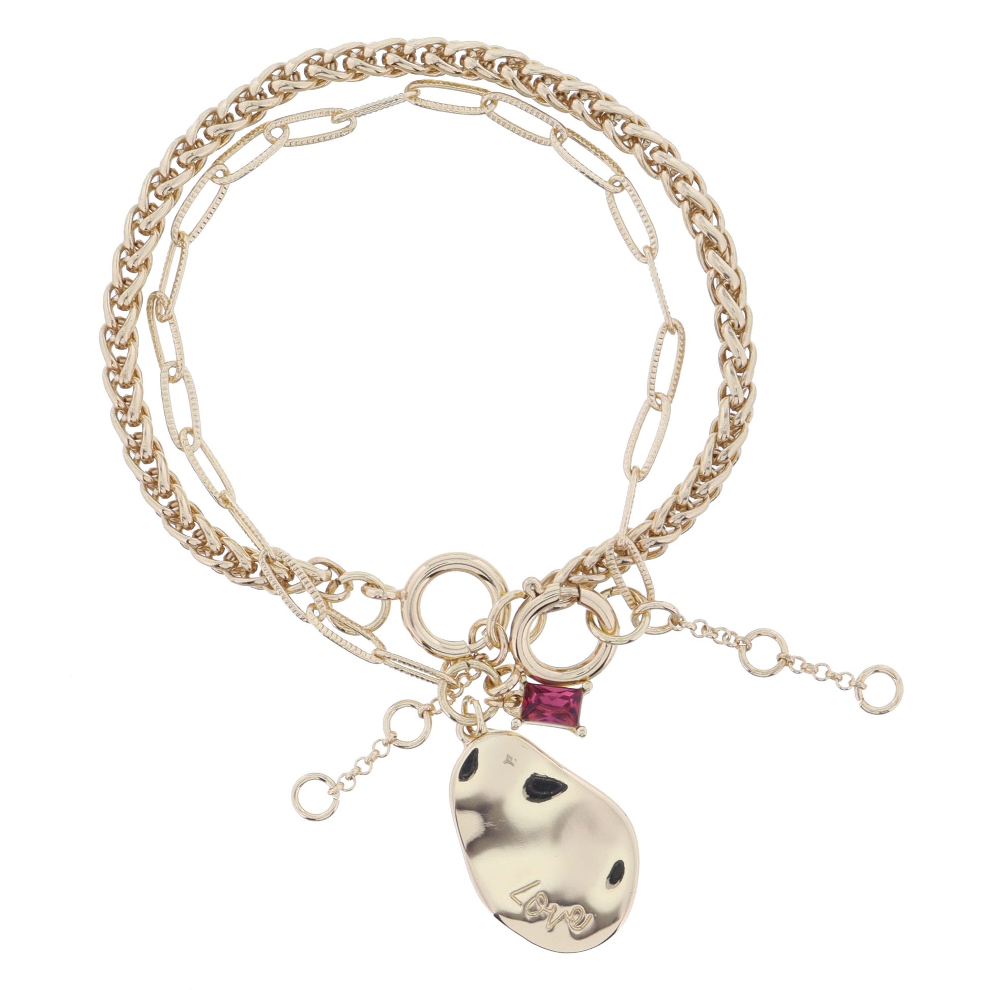 Set of 2, Gold Palma, Organic Oval "Love" and Rose Crystal on Chain Bracelet, .85", .25" Pendants