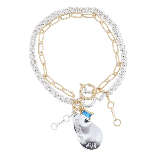 Set of 2, Silver Palma, Teardrop "Matthew 5:14" & Aqua Crystal on Chain Bracelet, 1",.25" Pendant