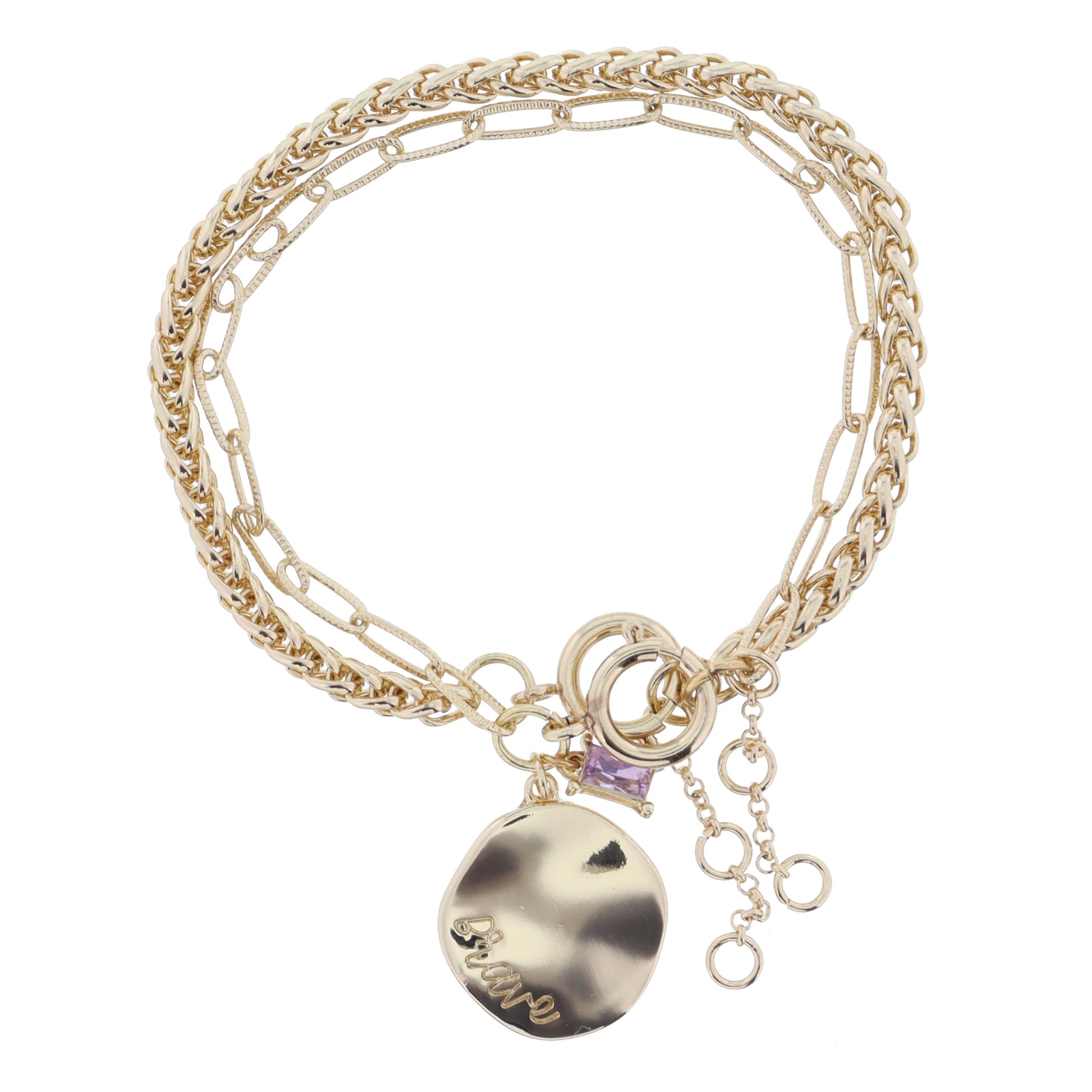 Set of 2, Gold Palma, Gold Wavy Disc "Brave" and Pink Crystal on Chain Bracelet, .75", .25" Pendants