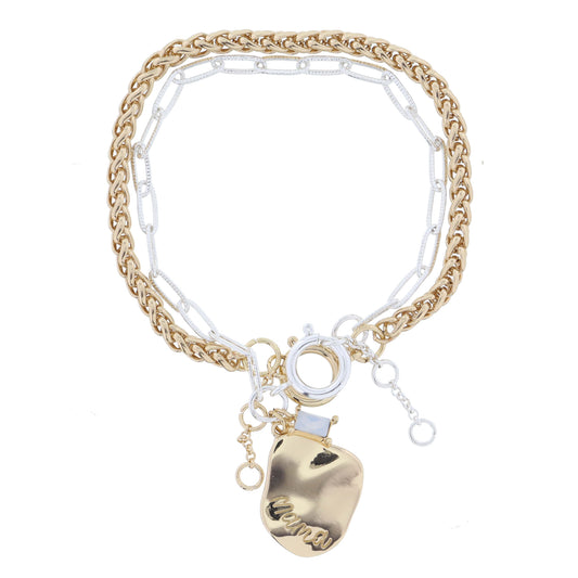 Set of 2, Gold Palma, Gold Wavy Shape "Mama" & Moonstone Crystal on Chain Bracelet,.85",.25" Pendant