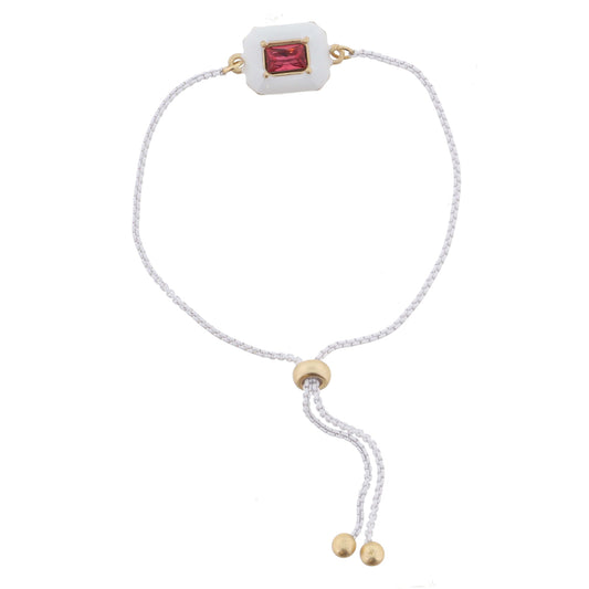 Kids White Enamel with Hot Pink Crystal Rectangle Bracelet, .35" Pendants