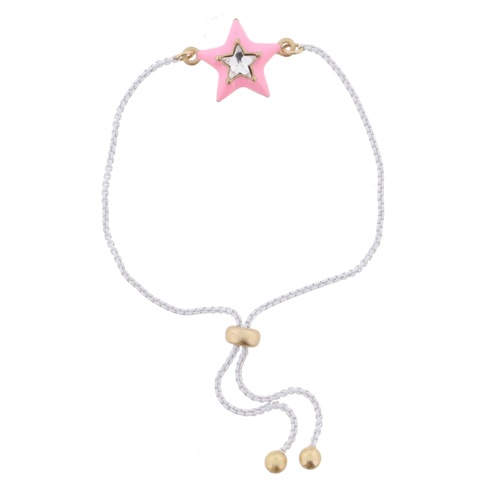Kids Pink Enamel with Clear Crystal Star Bracelet, .5" Pendants