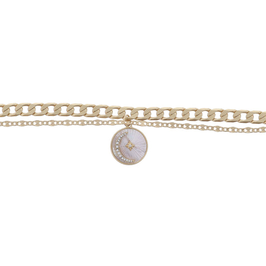 2 Strand Gold Chains, White Starburst Shell Inlay Disc with Moon & Starburst Bracelet, .75" Pendant