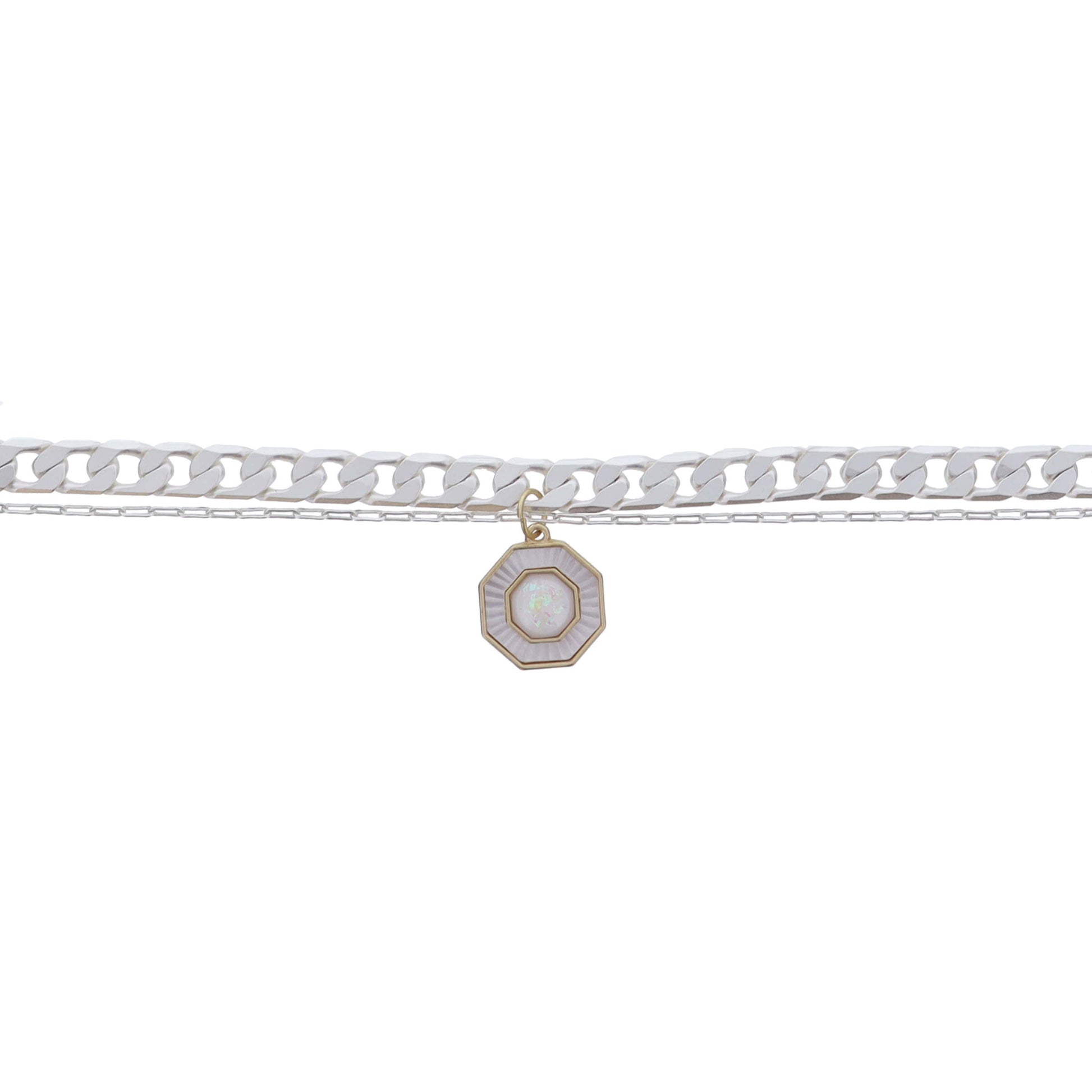 2 Strand Gold Chain, White Starburst Shell Octogon with White Opal Center Bracelet, .65" Pendant