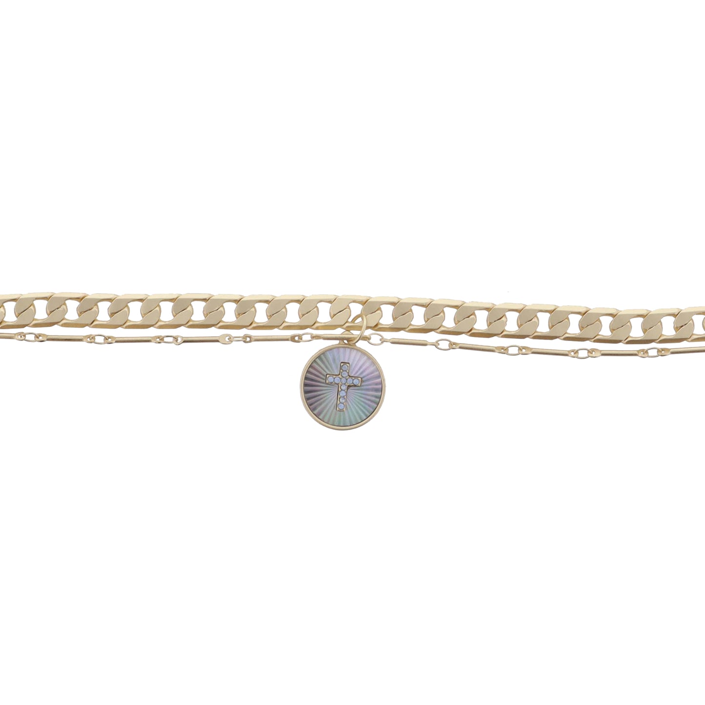 2 Strand Gold Chains and Grey Starburst Shell Inlay Disc with Moonstone Cross Bracelet, .65" Pendant