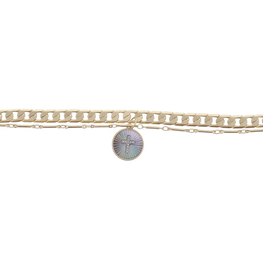 2 Strand Gold Chains and Grey Starburst Shell Inlay Disc with Moonstone Cross Bracelet, .65" Pendant