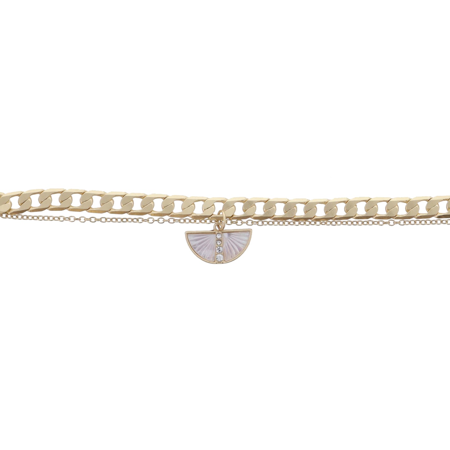 2 Strand Gold Chain, White Starburst Shell Half Circle with Crystal Center Bracelet, .35" Pendant