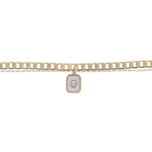 2 Strand Gold Chain, Starburst Shell Inlay Emerald Shape with Opal Center Bracelet, .65" Pendant