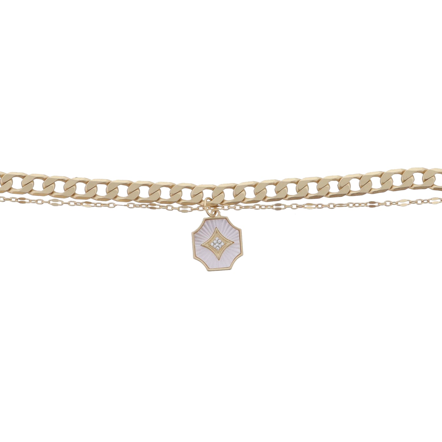 2 Strand Gold Chains and White Starburst Shell Inlay Octogon with Crystal Bracelet, .65" Pendant