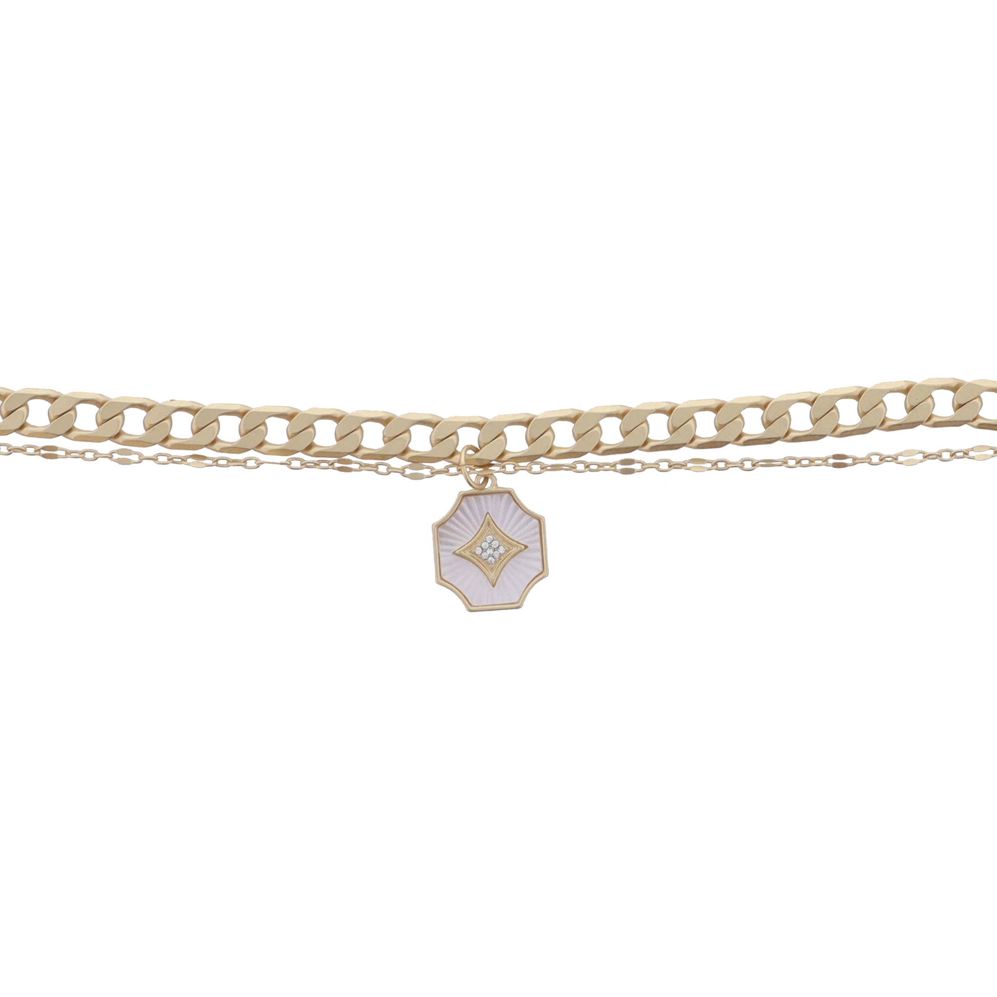 2 Strand Gold Chains and White Starburst Shell Inlay Octogon with Crystal Bracelet, .65" Pendant