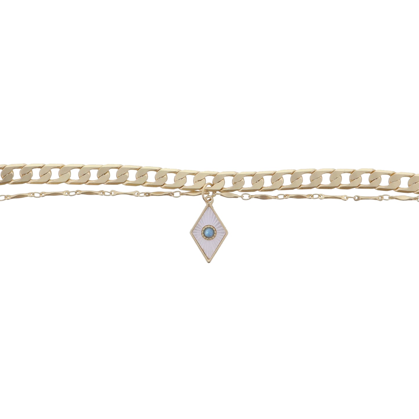 2 Strand Gold Chains, White Starburst Shell Inlay Diamond & Blue Opal Center Bracelet, .75" Pendant