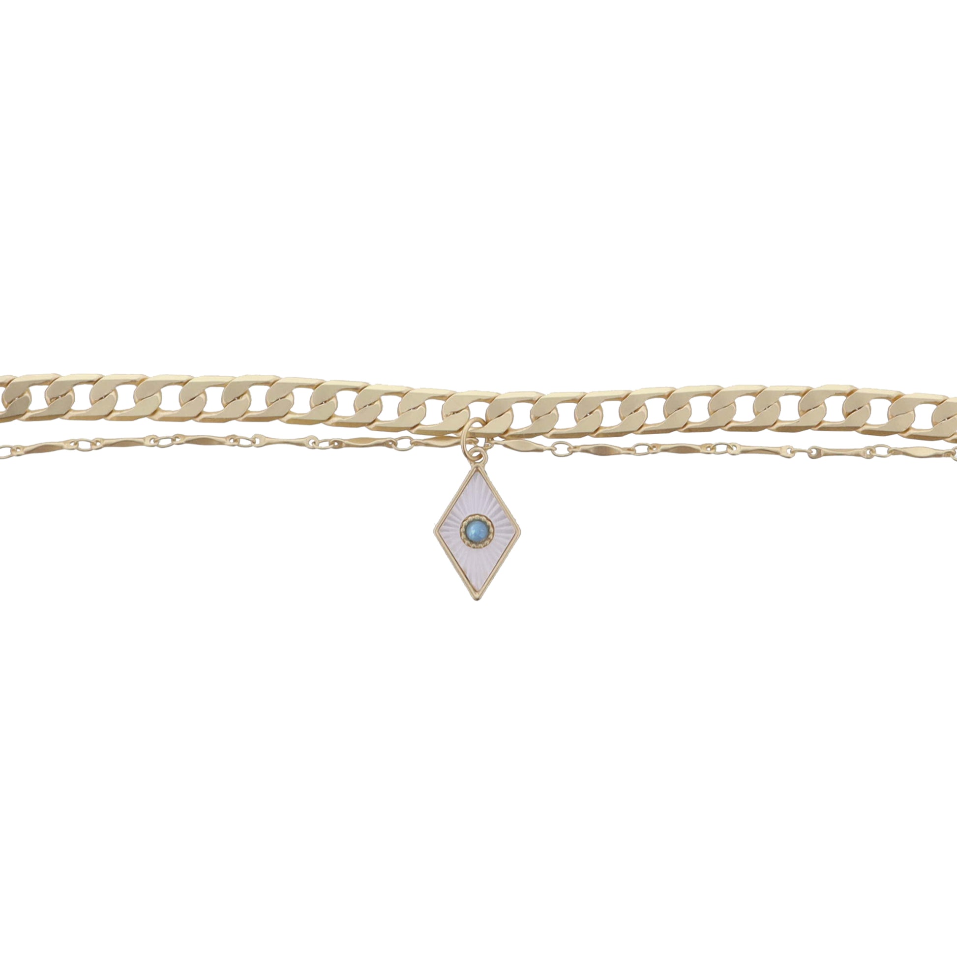 2 Strand Gold Chains, White Starburst Shell Inlay Diamond & Blue Opal Center Bracelet, .75" Pendant