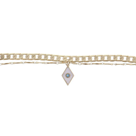 2 Strand Gold Chains, White Starburst Shell Inlay Diamond & Blue Opal Center Bracelet, .75" Pendant
