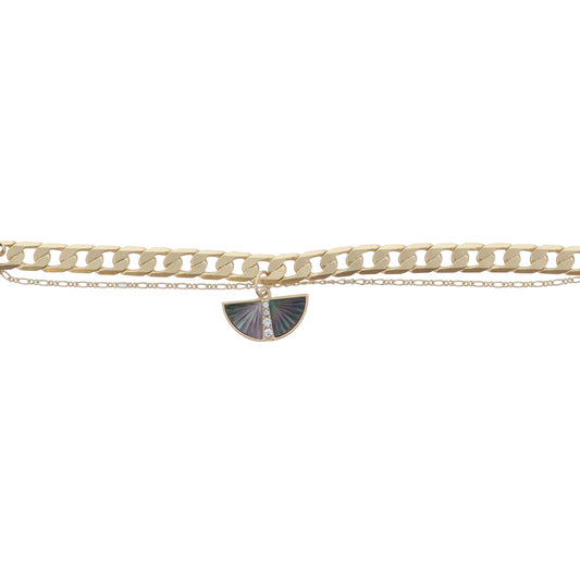 2 Strand Gold Chain, Grey Starburst Shell Half Circle with Crystal Center Bracelet, .35" Pendant