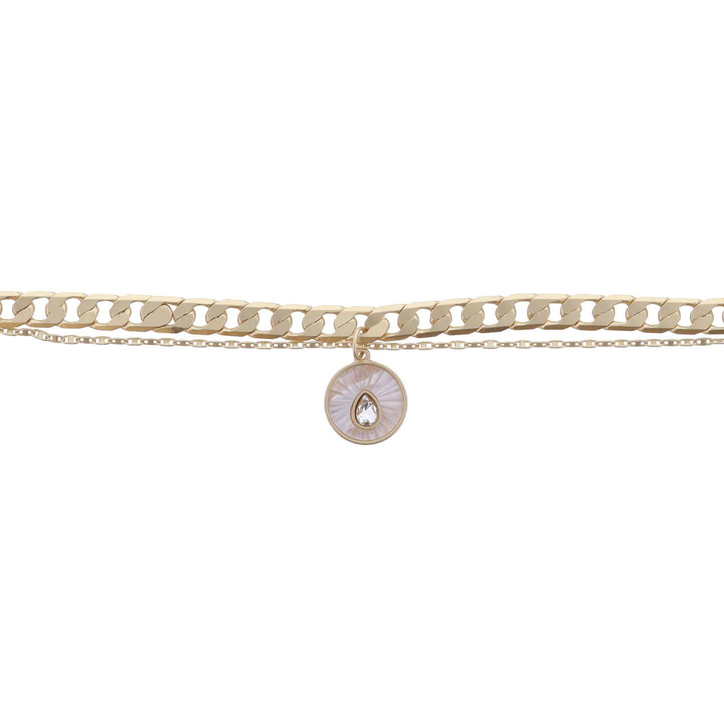 2 Strand Gold Chains, White Starburst Shell Inlay Disc with Crystal Teardrop Bracelet, .65" Pendant