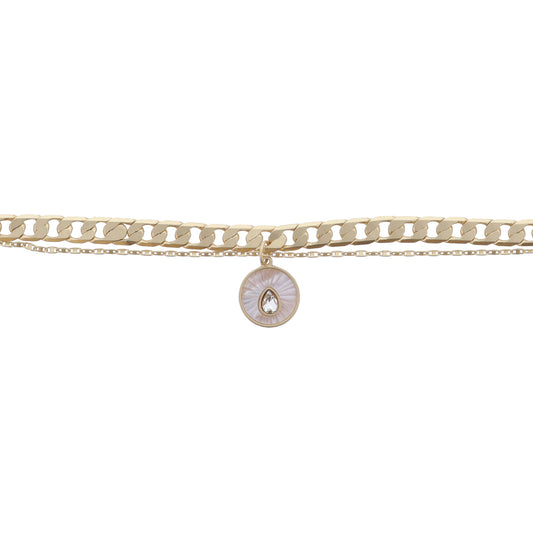 2 Strand Gold Chains, White Starburst Shell Inlay Disc with Crystal Teardrop Bracelet, .65" Pendant