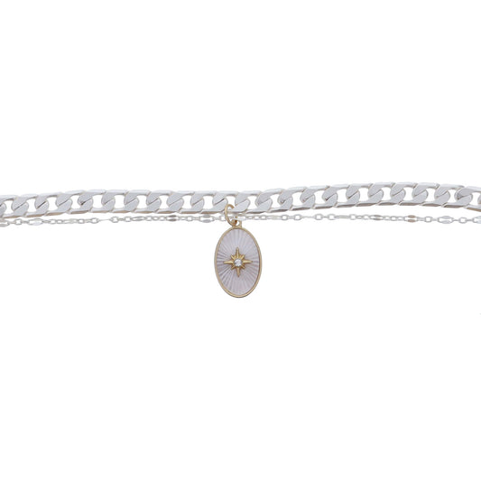 2 Strand Silver Chains and White Starburst Shell Inlay Oval with Gold Starburst Bracelet, .75" Pendant