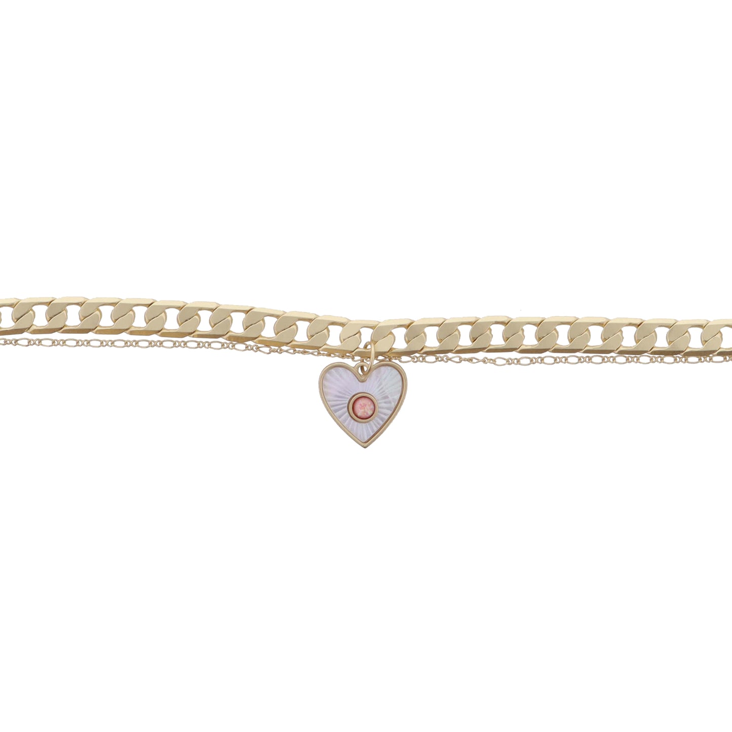 2 Strand Gold Chains and White Starburst Shell Inlay Heart with Pink Center Bracelet, .65" Pendant