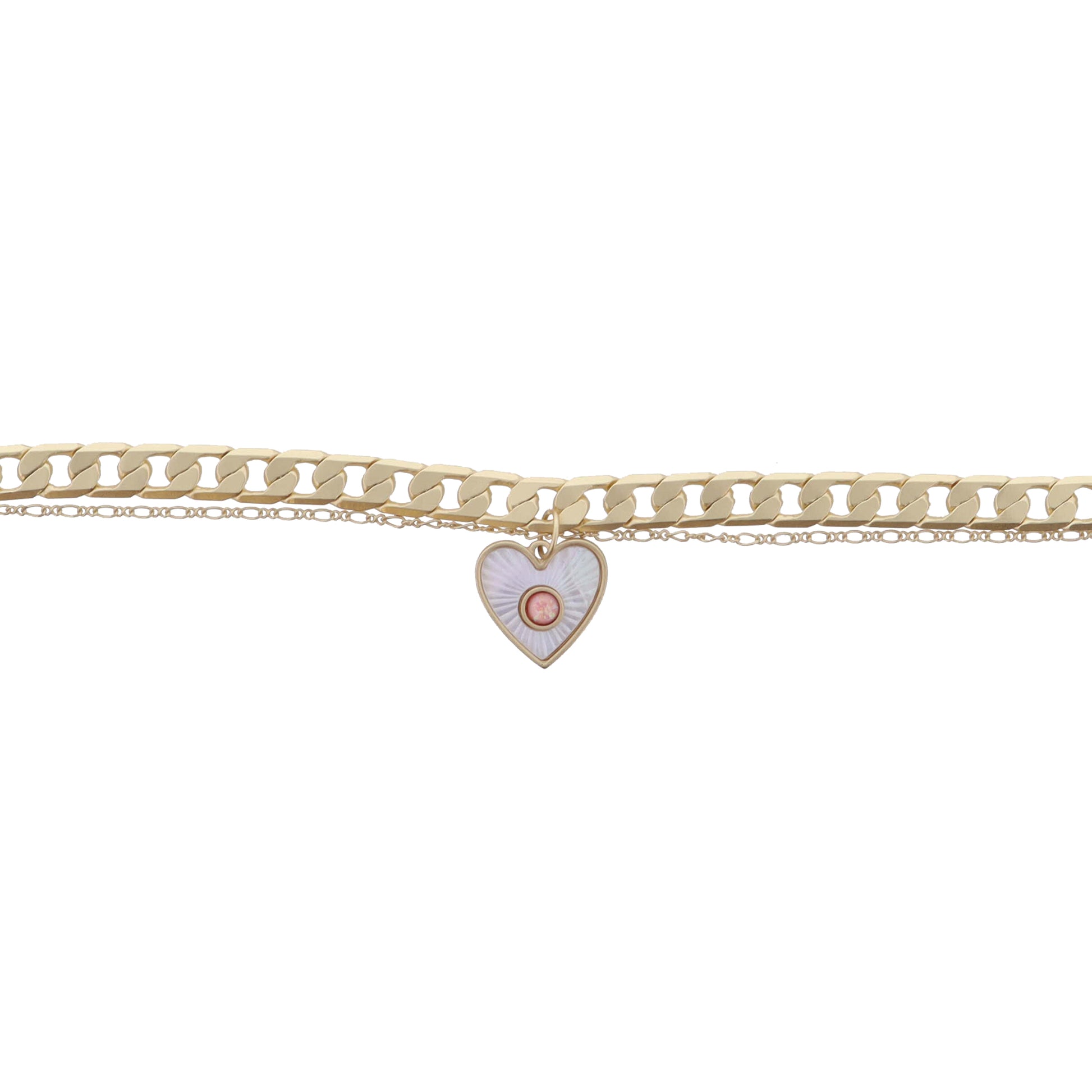2 Strand Gold Chains and White Starburst Shell Inlay Heart with Pink Center Bracelet, .65" Pendant