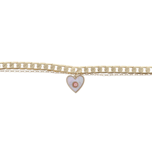 2 Strand Gold Chains and White Starburst Shell Inlay Heart with Pink Center Bracelet, .65" Pendant